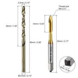 uxcell Metric Tap & Drill Bit Set, 2pcs M4 x 0.7 Spiral Point Thread Taps Titanium Coated and 2pcs 3.3mm Twist Drill Bits Roasted Yellow, Screw Tapping Threading Tools