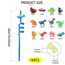 GOIYZTTR Pack of 16 Children's Novelty Dinosaur Straws, Reusable Straws, Plastic, Suitable for Children's Birthday Party Decorations