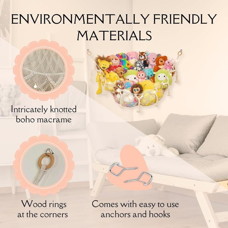 Stuffed Animal Storage Macrame Hammock w/String Lights for Flat Walls