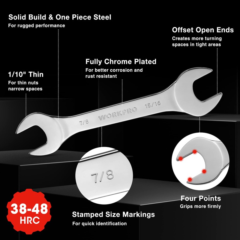 WORKPRO SAE Super-Thin Open End Wrench Roll-up Set, 7PCS, 1/4"