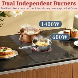 2 Burner Electric Cooktop, 120V Electric Stove Top Touch Control, 12 Inch Double Burner Countertop 2000W with Timer & 9-Level Adjustment, Child Lock, Built-in Radiant Plug In Stove Top Pladeca