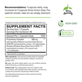 Terry Naturally Adaptra - 60 Capsules - Ashwagandha & Rhodiola Supplement - Non-GMO, Gluten Free - 60 Servings