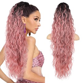 Isaic 30 Inch Ombre Pink Claw Clip Ponytail Extension for Women Long Wavy Pony Tails Hair Extensions Fluffy Natural Looking Synthetic Hairpiece for Daily Use
