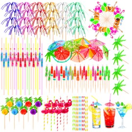 Ovveroche 265 PCS Drink Umbrellas, Cocktail Umbrellas, Fruit Picks Tropical Party Accessories, Colorful Straws for Tropical Luau Beach Pool Bar Hawaiian Party Decorations