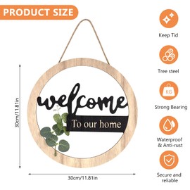 Round Door Wreath with Welcome Sign, Wooden Frame Decorative Wreath with Artificial Green Leaves, 26 cm Welcome Door Wreath for Front Door, Living Room, Window