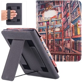 BOZHUORUI Stand Case for 6" Kobo Clara Colour/Clara BW/Clara 2E eReader - Premium PU Leather Smart Folio Protective Cover with Hand Strap & Auto Sleep/Wake (Bookstore)