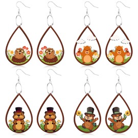 FIONUPI 4 Pairs Groundhog Earrings Double Side Groundhog Wooden Earrings Funny Cute Animal Earrings for Women Groundhog Day Gifts Holiday Party Groundhog Accessories