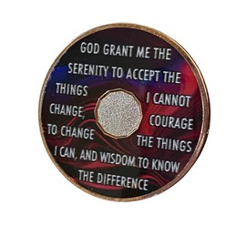 2 Year AA Medallion Purple Red Swirl Tri-Plate Sobriety Chip Serenity Prayer Back