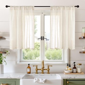 BGment Short Linen Curtains 36 Inch Length for Kitchen Window - Semi Sheer Beige Small Drapes Textured Rustic Natural Rod Pocket for Cafe Lightweight Decorative, 2 Panels, Each Panel 42 Inch Wide