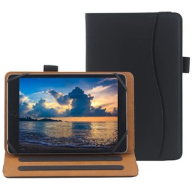 6 7 8 Inch Universal Tablet Case Folio Leather Stand Shell Case with Adjustable Angle Band and Pouch for Documents, Cards and Pen Holder (Black)
