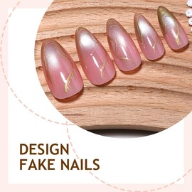 Uñas postizas de almendra mediana, uñas postizas brillantes de ojo de gato con rayas doradas, uñas acrílicas con degradado rosa, uñas adhesivas para m