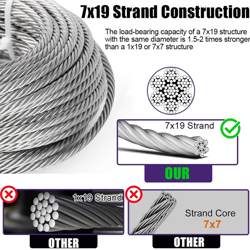 3/8" Stainless Steel Cable, 25FT Wire Rope, 7X 19 Strands