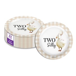 Two Silly Goose Second Birthday - 32 Piece Disposable Party Supplies - Decorations for Gingham 2nd Birthday Round Party Plates - Large 9" Paper Plates In Bulk