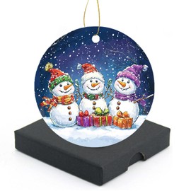 Christmas Ornament 2024, Cheerful Snowman with Gifts Cartoon, Ideal for Family, Friends, Holiday, Home Decor, Xmas Tree Decoration, 3-Inch Round Ceramic Keepsake with Gift Box