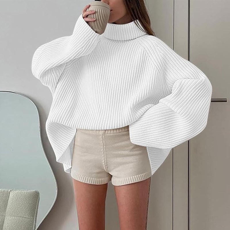 MMOOVV Damen Winterpullover, übergroßer Rollkragenpullover, langärmelig grob gestrickt Tunika-Pullover Strickjacke