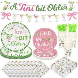 YMDOBIGER A Tini Bit Older Birthday Decorations, Martini Plates and Napkins Party Supplies with Banner Cups Forks Knives Disposable Tableware Set for Birthday Bachelorette Decor Serves 24