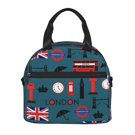 Fnqkmlep bus of London and British flag Insulated Lunch Bag,Waterproof Thermal Meal Tote,Adjustable Shoulder Strap and Reusable Lunch Box For Women,kids,Men -Work,School, Picnics,Travel,Beach,Fishing