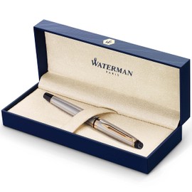 Waterman Expert Fountain Pen, Stainless Steel with 23k Gold Trim, Medium Nib with Blue Ink Cartridge, Gift Box