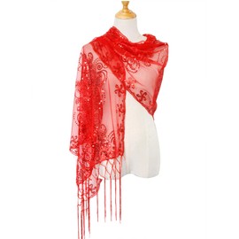 L'VOW Women's Glittering 1920s Scarf Mesh Sequin Wedding Cape Fringed Evening Shawl Wrap(Red)