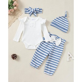 Renotemy Newborn Infant Baby Girl Clothes 0-3 Months Winter Fall Girl Baby Clothes Rib Knit Romper Baby Shower Gifts Newborn Girl Clothes 0-3 Months Blue Strip