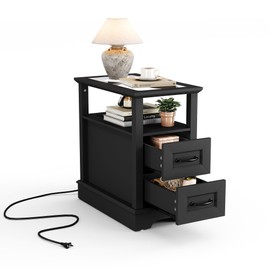 LINSY HOME Narrow End Table with Charging Station, Side Table with Glass Top, Open Shelf, and 2 Drawers, Small Sofa Table with Storage for Living Room, Nightstand for Bedroom, Black