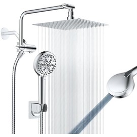All Metal Shower Head, 8" High Pressure Rainfall/Handheld Shower Combo with 11" Extension Arm, 10-Spray Handheld Showerhead, 71" Long Hose, 3-Way Diverter Valve, Chrome