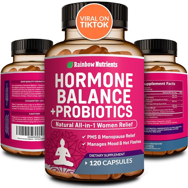 Hormone Balance + Probiotics for Women (3450mg) Natural Menopause Relief, Weight Management, Hot Flashes, PMS, Bloating | 4:1 Chasteberry, Dong Quai, Black Cohosh & Maca | Non GMO |120 Capsules