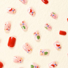 Christmas Press on Nails Short Square Christmas Fake Nails with Design Red Glossy Christmas Acrylic Press on Nails Gel Full Cover False Nails with Glue Extra Short Christmas Nails for Women 24Pcs