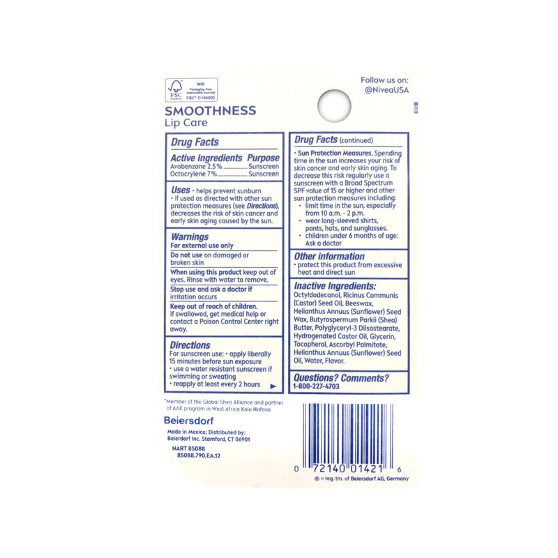 NIVEA Smoothness Broad Spectrum SPF 15 Sunscreen Lip Care, 0.17
