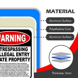WARNING NO TRESPASSING OR ILLEGAL ENTRY without land owners permission Aluminum Composite Sign, 8.5"x10" - Private Property Metal Outdoor Protection for Home, Business, Dock, and Fishing Areas