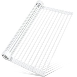 INTRESTIN Roll Up Dish Drying Rack Over Sink, 20.47" x 12.99" Foldable Silicone Wrapped Stainless Steel Over The Sink Dish Drying Rack, Grey, White