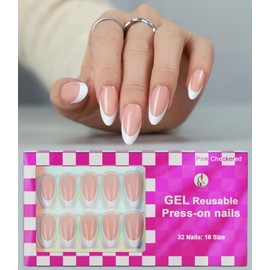 Anyos 16 Sizes French Tip Press on Nails Medium Almond, Soft Gel Fake Nails,Reusable Nails with Nail Glue Adhesive Tabs Double-sided Nail File, Fasle Nails 32 Pcs (Classic French)