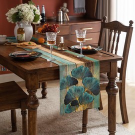 LRartdeco Table Runner Green 33 x 183 cm Old Wood Look Tablecloth Washable Leaves Country House Style Leaves Decorative Table Runner Ginkgo Table Runner Linen Table Runner for Dining Table Kitchen