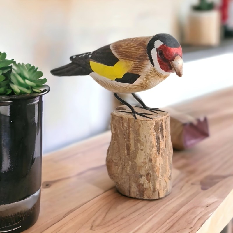 Wooden GOLDFINCH Garden Ornament Hand Carved Fairtrade Bird Watcher Gift