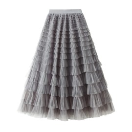 Women High Waist Mesh Skirt Gradient Color Layered Yarn Skirt Tulle Tutu A-Line Midi Skirt Pleated Swing Long Skirt for Prom Party