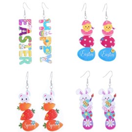 Pingyongchang 4 Pairs HAPPY EASTER Letter Acrylic Earrings for Women Cute Colorful Easter Rabbit Bunny Egg Carrot Chick Dangle Drop Earrings Spring Holiday Jewelry Gift