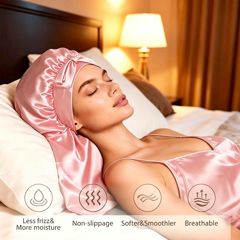 Pink Large Satin Sleep Bonnet, Adjustable Wrap for Braids, Locs