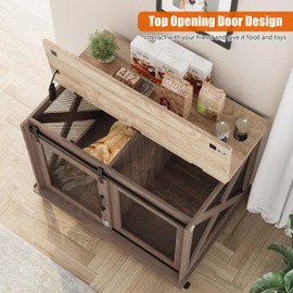 IDEALHOUSE 37"Dog Cage, Farmhouse Dog Crate Furniture with Sliding Barn Door, Flip Top Wooden Dog Kennel End Table with Wheels and Movable Divider, Indoor Dog Cage House for Medium Dogs, Dark+Oak Top