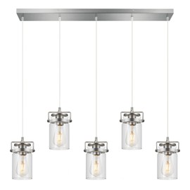 foucasal Kitchen Island Lighting, 5 Light Pendant Lighting for Dining Room Kitchen Island Lighting Farmhouse Chandelier, Hanging Linear Chandelier Brushed Nickel Pendant Lights with Clear Glass Shades