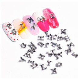 26 English Letters Nail Charms Rhinestones Silver Letters Nail Stud Letter Charms 3D Capital Rhinetone Nail Letter English Alphabet Stud for Nails Alphabet Nail Gems DIY Nail Art Decoration (Silver)