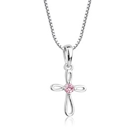 Cherished Moments Girl's Sterling Silver First Communion Gift Infinity Cross Pendant Necklace with Pink CZ, 14 Inch
