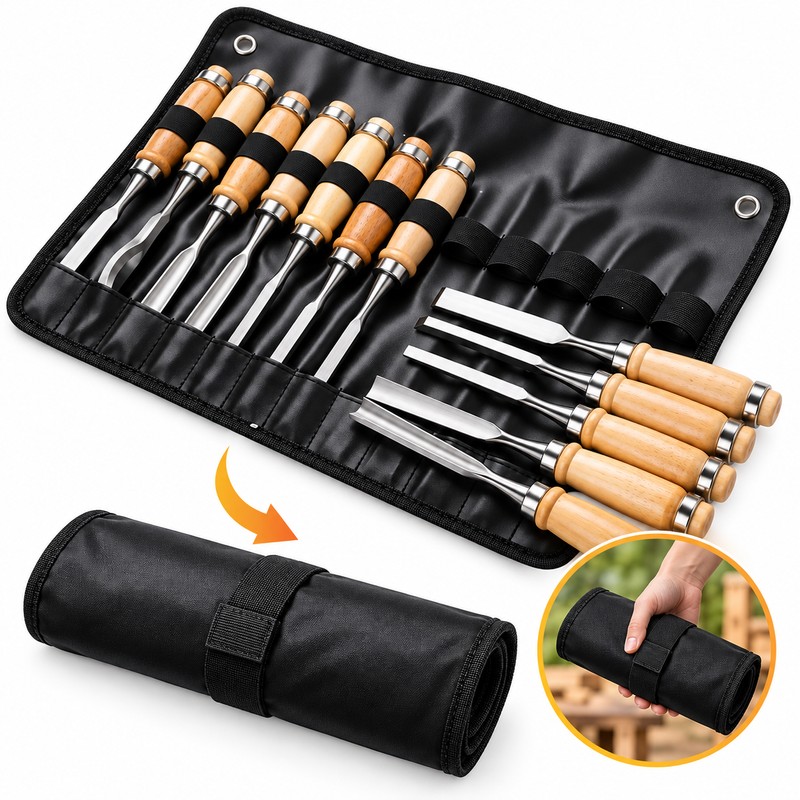 12-Piece Wooden Carving Chisel Set – Full-Size Woodworking Knives and