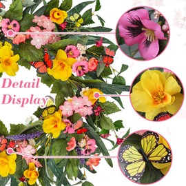 20" Colorful Butterfly Spring Summer Wreath with Green Leaves, Floral Artificial Wreath for Front Door Home Wall Wedding Farmhouse Holiday Outdoor Indoor Décor