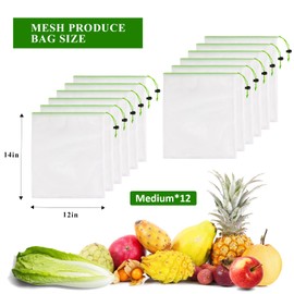JSVSLTD Set of 12 Reusable Mesh Produce Bags - Washable Produce Bags - 12 Green Medium (12"x14") See-through Mesh Produce Bags for Storage Fruit, Vegetable, Toy