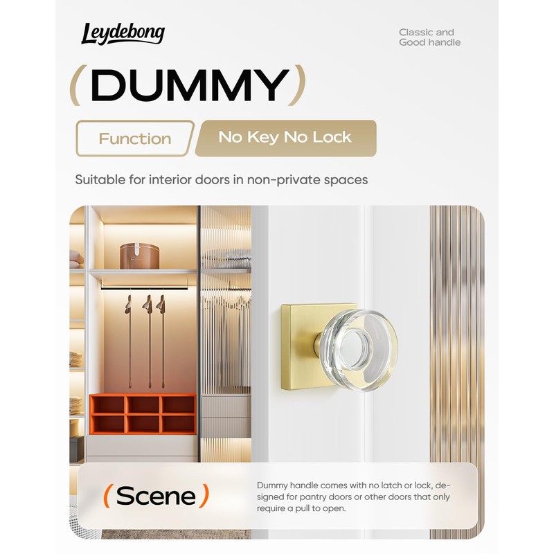 Leydebong 2 Pack Crystal Glass Dummy Door Knobs, Gold Round