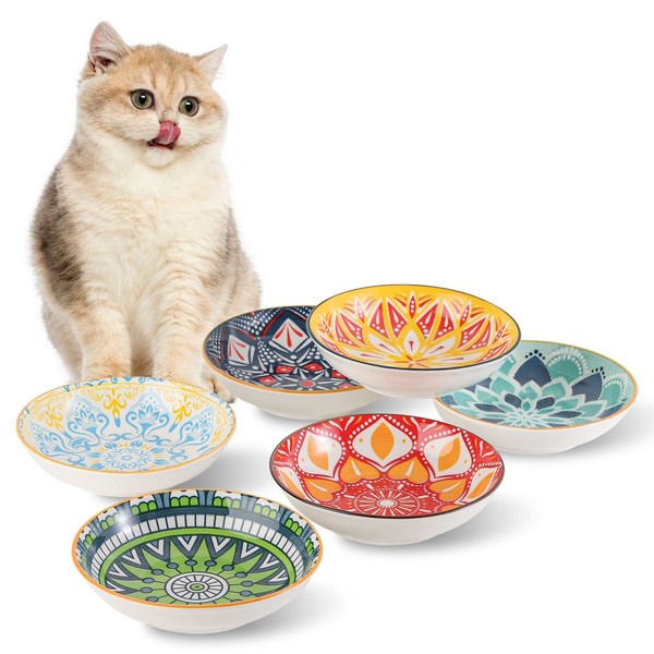 5.5 inch Wide Shallow Cat Food Bowl Set for Relief Whisker Fatigue -Ceramic - 6 Colorful Cute Small Flat Kitten Feeding Dish/ Dishes - Microwave and Dishwasher Safe - 8 oz