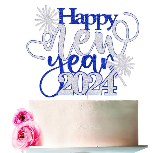 bejotaa Happy New Year 2024 - Decoración tartas de Año Nuevo Feliz Año Nuevo 2024 suministros para fiestas de Feliz Año Nuevo 2024 decoración para fiestas de Año Nuevo (Feliz Año Nuevo Azul y Plata)