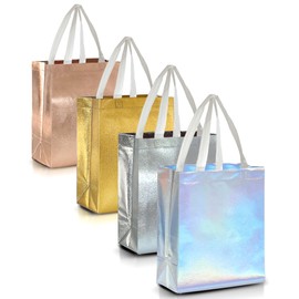 Nush Nush Luxury Reusable Gift Bags Bulk - 12 Mix Color Set with 3 Gift Bags - Rose Gold, Silver, Iridescent & Gold - Birthday, Party Favor, Medium - 8X4X10