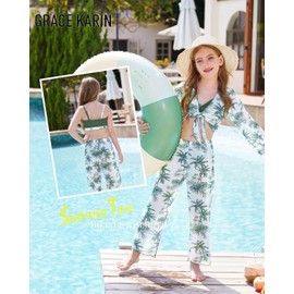 GRACE KARIN Girls' Swimming Costume Swimwear Blouse + Panties + Sarong Blue Green 7 Years, sage green, 8 years