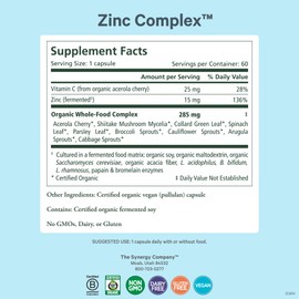 PURE SYNERGY Zinc Complex | Immune Support Supplement | Natural, Vegan Zinc Complex with Vitamin C and Organic Whole Foods | for Immune, Brain, and Skin Health (60 Capsules)